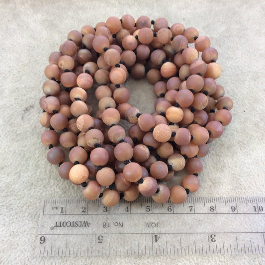 72" Hand-Knotted Black Thread Necklace Featuring 8mm Matte Finish Druzy Round/Ball Shaped Peach/Orange Agate Beads - LIMITED STOCK