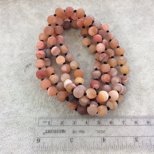 36" Hand-Knotted Black Thread Necklace Featuring 8mm Matte Finish Druzy Round/Ball Shaped Banded Orange Agate Beads - LIMITED STOCK