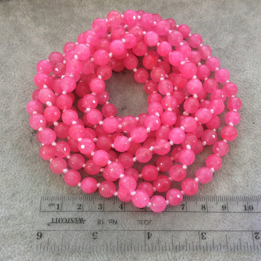 72" Hand-Knotted White Thread Necklace Featuring 8mm Faceted Polished Finish Round/Ball Shaped Dyed Bright Pink Agate Beads - LIMITED STOCK