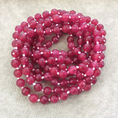 72" Hand-Knotted White Thread Necklace Featuring 8mm Faceted Polished Finish Round/Ball Shaped Dyed Raspberry Agate Beads - LIMITED STOCK