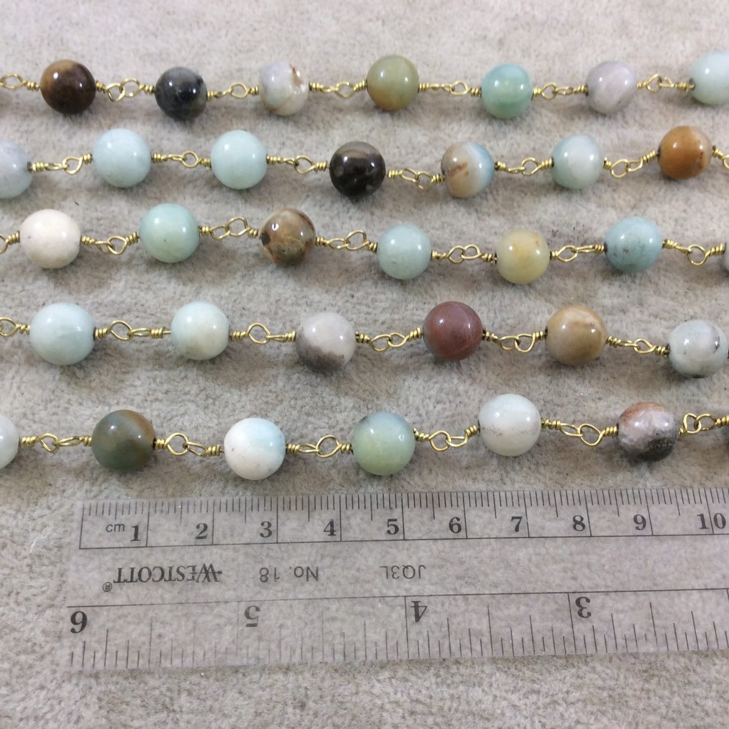 Amazonite Rosary Chain - 10mm Beaded Chain with Gold Plated Wire Wrapping - Chain for Jewelry Making