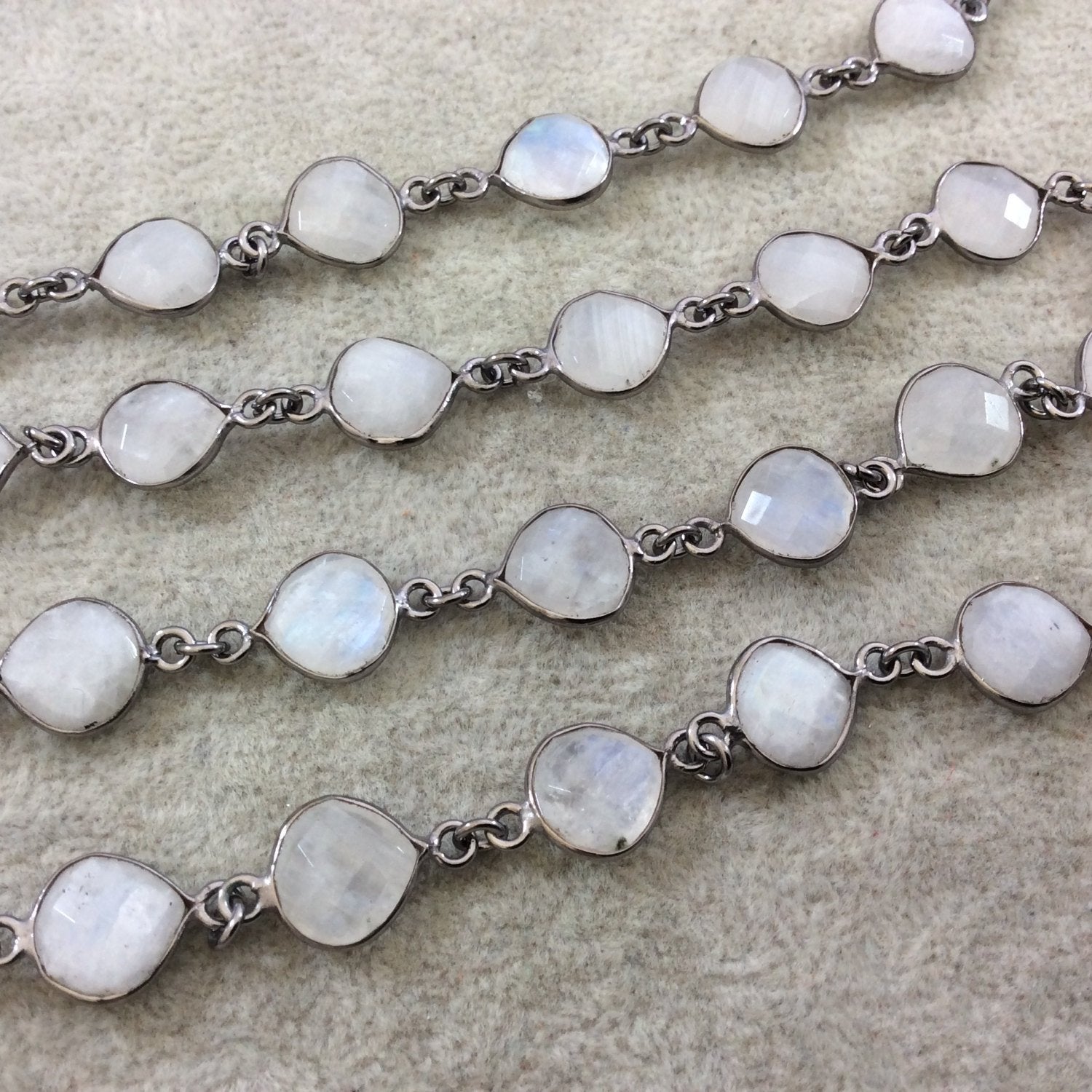 Gunmetal Plated Copper Rosary Chain with 10mm Faceted Natural Moonstone Heart/Teardrop Shaped Bezels - Sold by 1' Cut Sections or in Bulk!