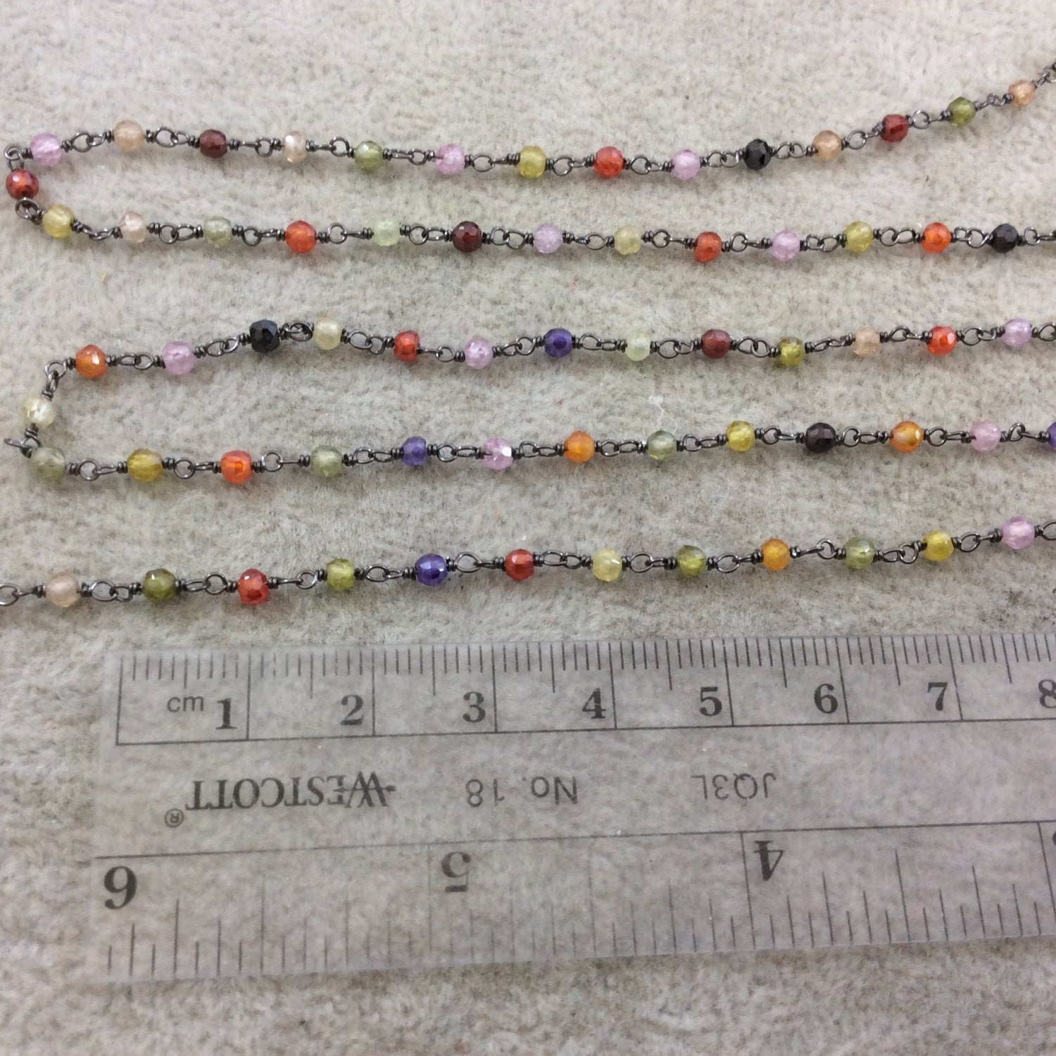 Gunmetal Plated Copper Rosary Chain with 3mm Faceted Multicolor Cubic Zirconia Round/Ball Beads (CH076-GM) - Sold by 1' Cut Sections!