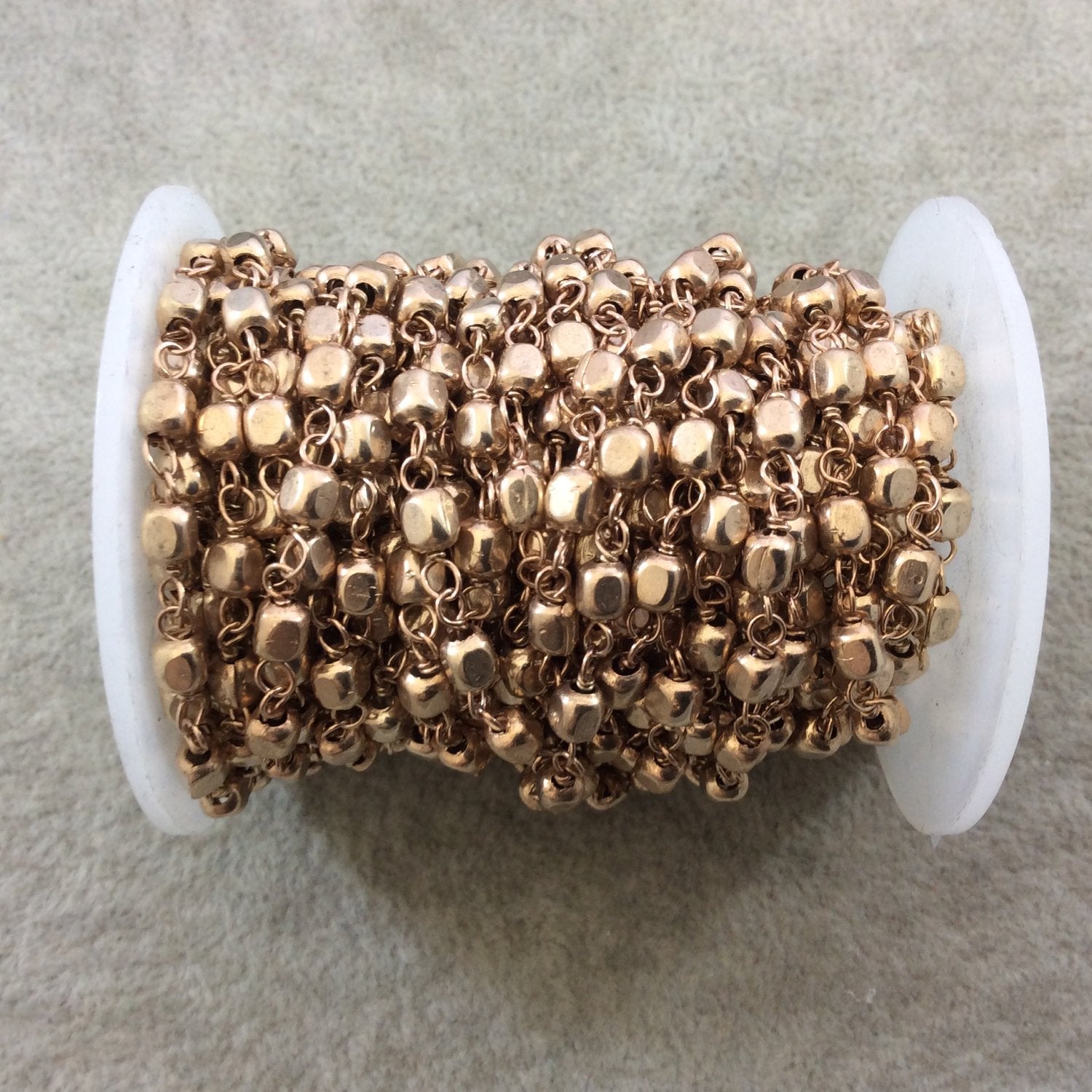 Light Rose Gold Plated Copper Wrapped Rosary Chain with 4mm Plated Copper 3D Square/Cube Shaped Beads - Sold by 1' Cut Sections or in Bulk!