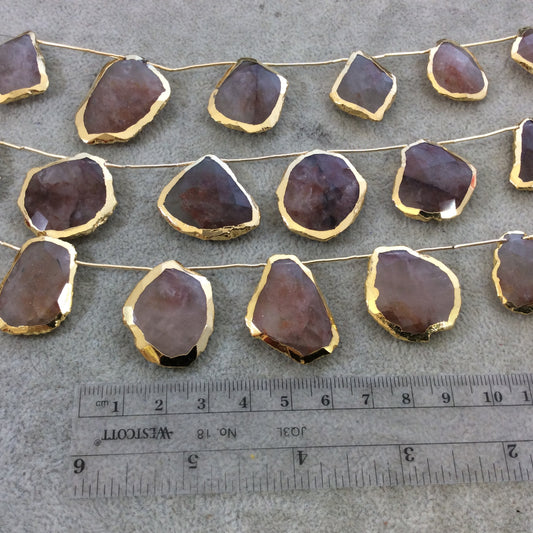 Gold Electroplated Faceted Freeform Slab Shaped Natural Strawberry Quartz Top-Drilled Beads - 9.5" Strand (9 Beads) - 20mm x 25mm, Approx.