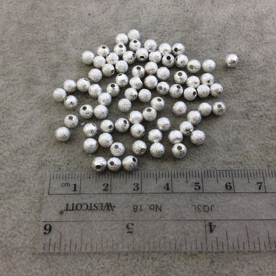5mm Sandblasted Stardust Finish Bright Silver Base Metal Round/Ball Shaped Beads with 1mm Holes - Loose, Sold in Pre-Packed Bags of 75 Beads