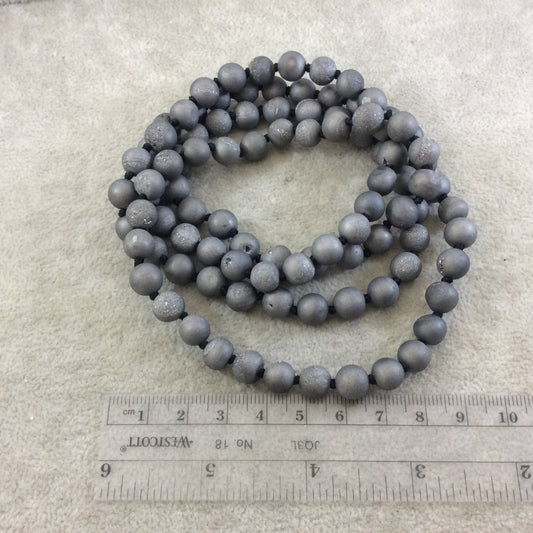 36" Hand-Knotted Black Thread Necklace Featuring 8mm Matte Finish Druzy Round/Ball Shaped Metallic Silver Agate Beads - LIMITED STOCK