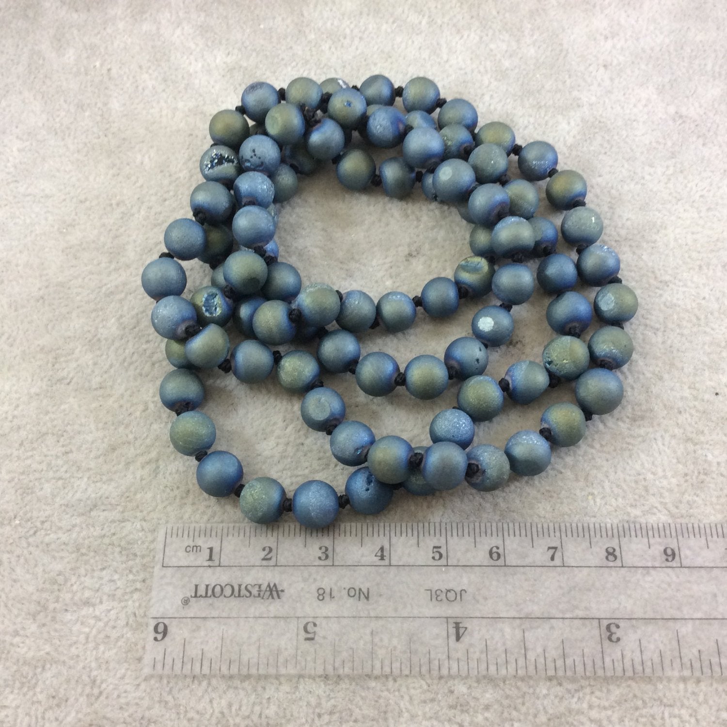 36" Hand-Knotted Black Thread Necklace Featuring 8mm Matte Finish Druzy Round/Ball Shaped Peacock Aqua/Blue/Gold Agate Beads - LIMITED STOCK