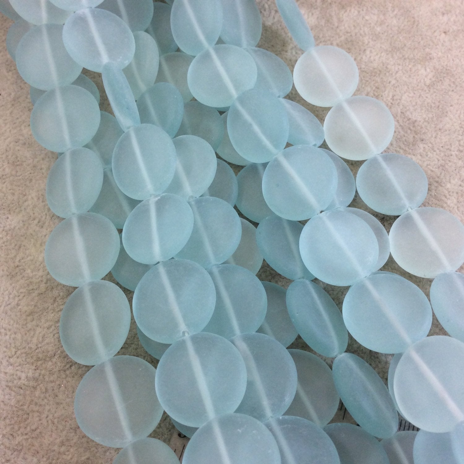 20mm Matte Pale Aqua Blue Flat Circular/Coin Shaped Mock Beach/Sea Glass Beads with 1mm Holes - Sold by 15.75" Strands (Approx. 19 Beads)
