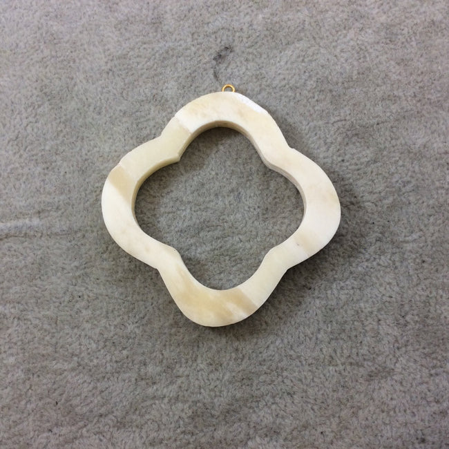 2.25" White/Ivory Open Quatrefoil Shaped Natural Ox Bone Focal Pendant with Attached Gold Suspension Ring - Measuring 57mm x 57mm, Approx.