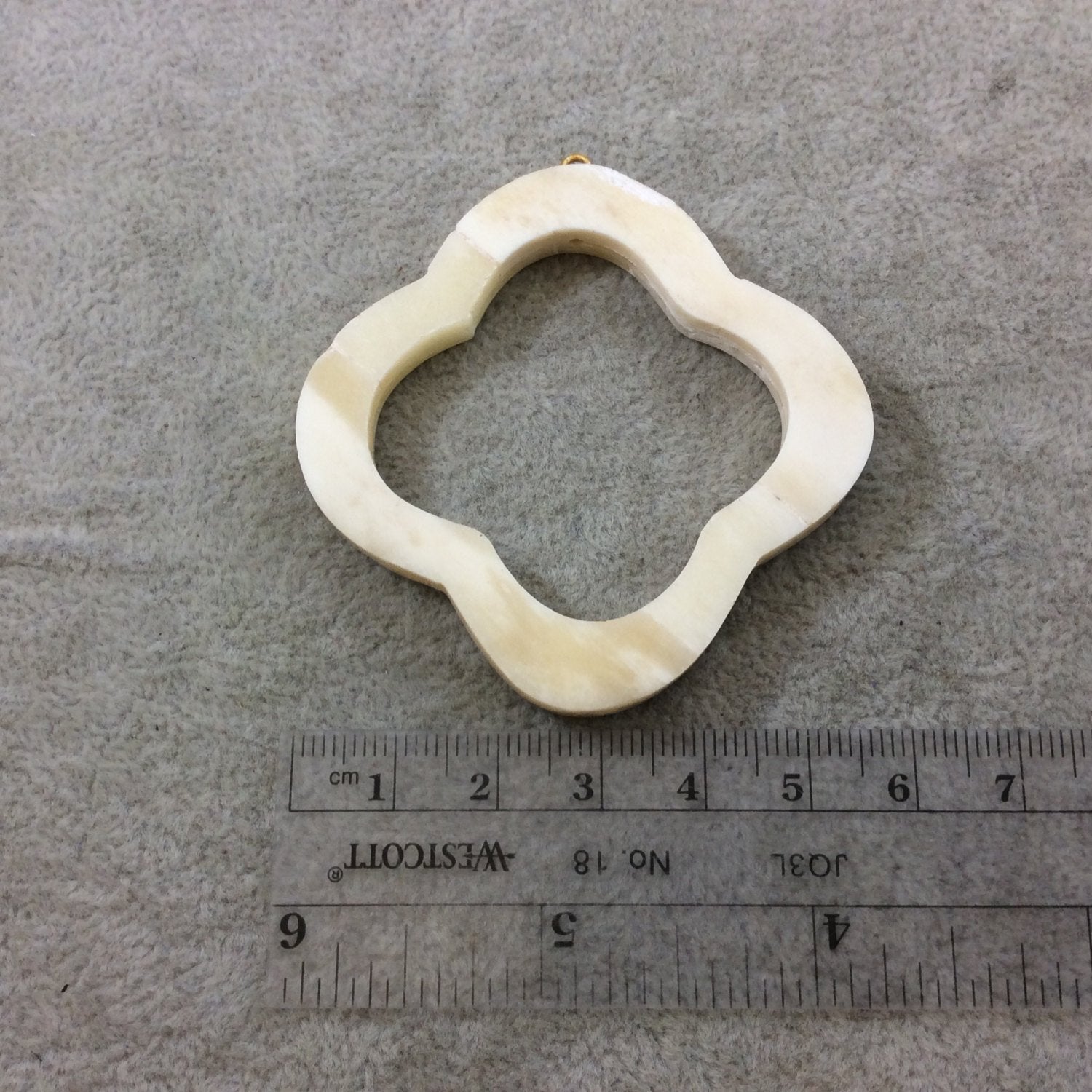 2.25" White/Ivory Open Quatrefoil Shaped Natural Ox Bone Focal Pendant with Attached Gold Suspension Ring - Measuring 57mm x 57mm, Approx.