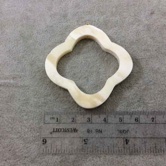 2.25" White/Ivory Open Quatrefoil Shaped Natural Ox Bone Focal Pendant with Attached Gold Suspension Ring - Measuring 57mm x 57mm, Approx.