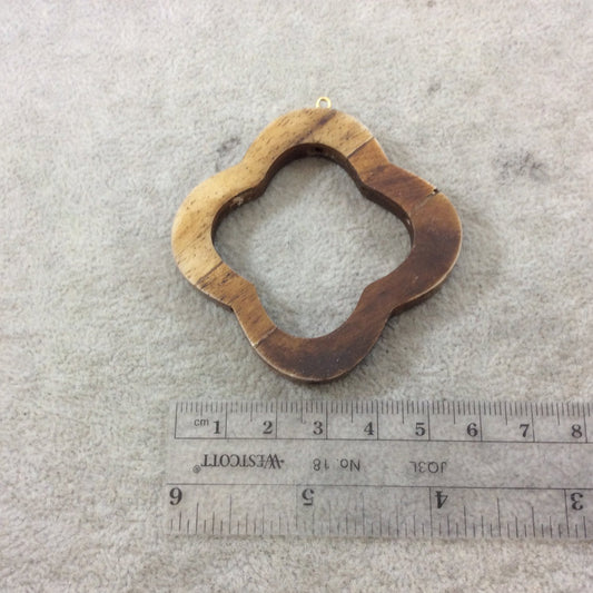 2.25" Brown Open Quatrefoil Shaped Natural Ox Bone Focal Pendant with Attached Gold Suspension Ring - Measuring 57mm x 57mm, Approx.