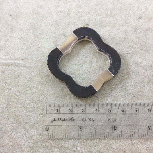 2.25" Black/Ivory Quatrefoil Shaped Natural Bone/Horn Focal Pendant with Attached Gold Suspension Ring - Measuring 57mm x 57mm, Approx.