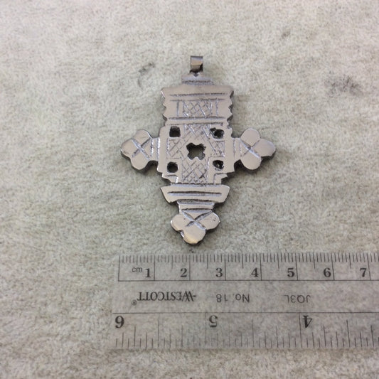 2.5" Gunmetal Plated Ethiopian Cross Shaped Plated Brass Pendant with Horizontal Bail - Measuring 48mm x 61mm - Sold Individually