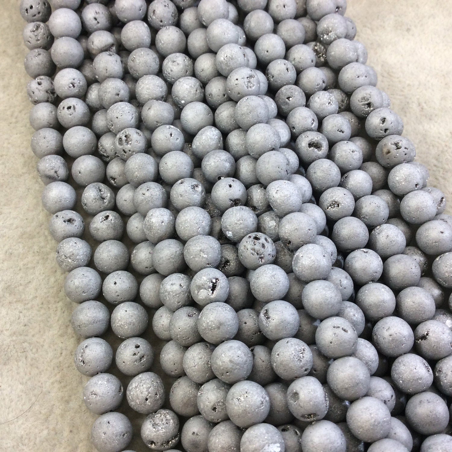 6mm Matte Finish Premium Metallic Silver Druzy Agate Round/Ball Shaped Beads with 1mm Holes - Sold by 15.5" Strands (Approx. 65 Beads)