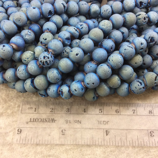 8mm Matte Finish Premium Light Blue/Gold Druzy Agate Round/Ball Shaped Beads with 1mm Holes - Sold by 15.5" Strands (Approx. 48 Beads)
