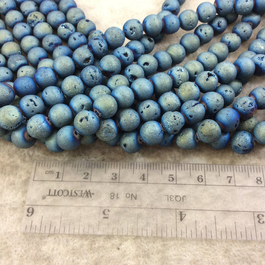 8mm Matte Finish Premium Medium Blue/Gold Druzy Agate Round/Ball Shaped Beads with 1mm Holes - Sold by 15.5" Strands (Approx. 48 Beads)