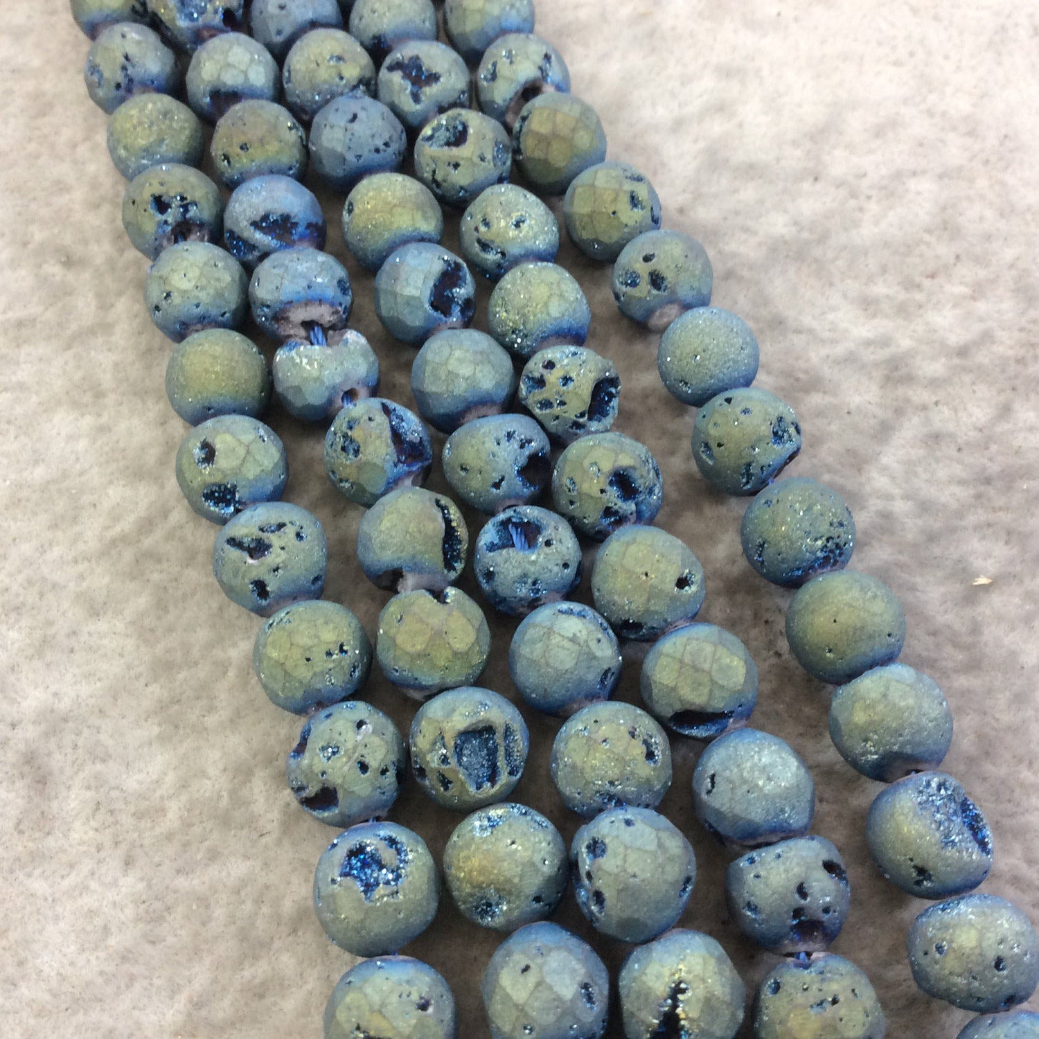 8mm Faceted Matte Finish Premium Metallic Blue/Gold Druzy Agate Round Shaped Beads with 1mm Holes - Sold by 7.75" Strands (Approx. 25 Beads)