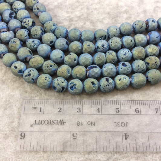 8mm Faceted Matte Finish Premium Metallic Blue/Gold Druzy Agate Round Shaped Beads with 1mm Holes - Sold by 7.75" Strands (Approx. 25 Beads)