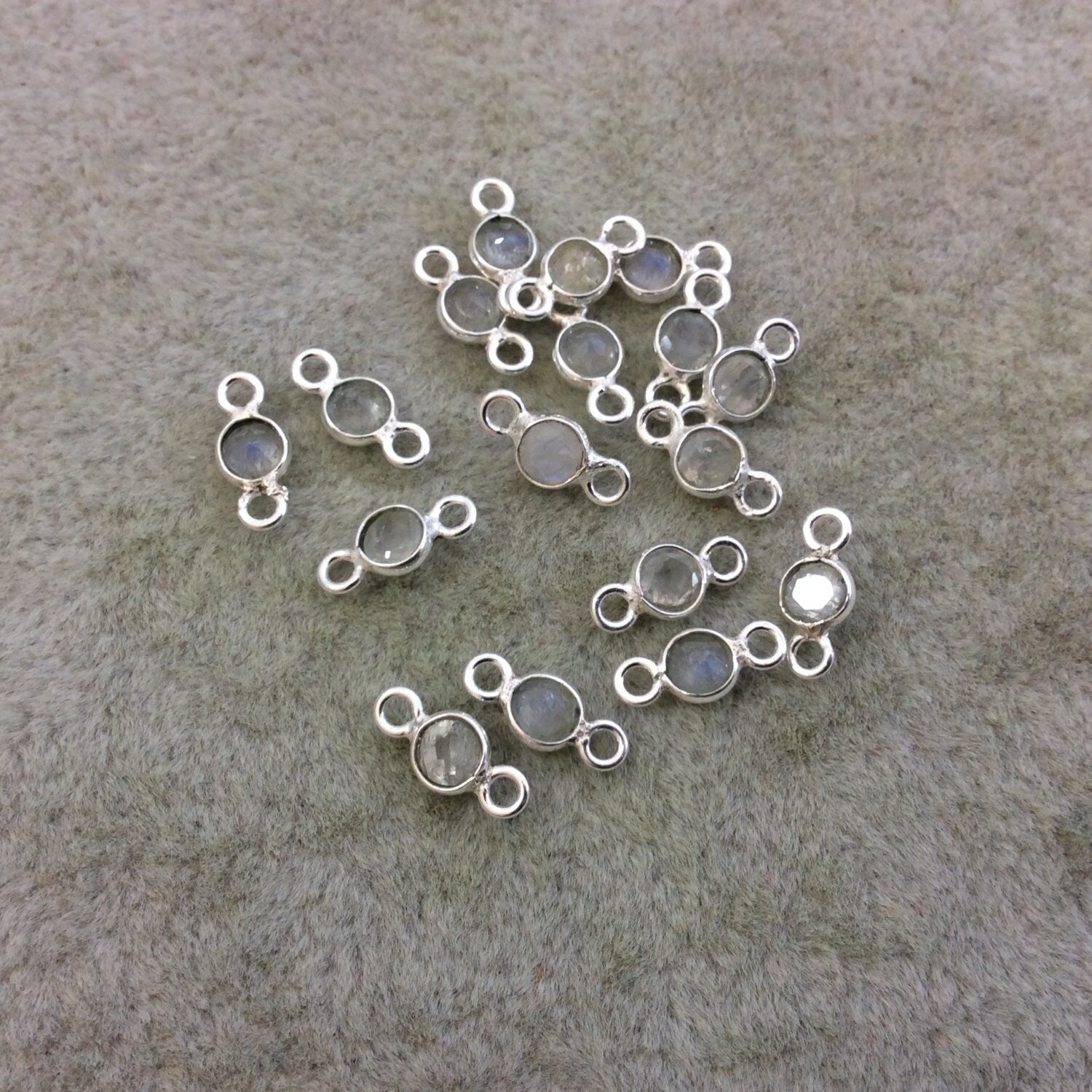 BULK PACK of Six (6) Sterling Silver Pointed/Cut Stone Faceted Round/Coin Shaped Moonstone Bezel Connector Component - Measuring 3-3.5mm