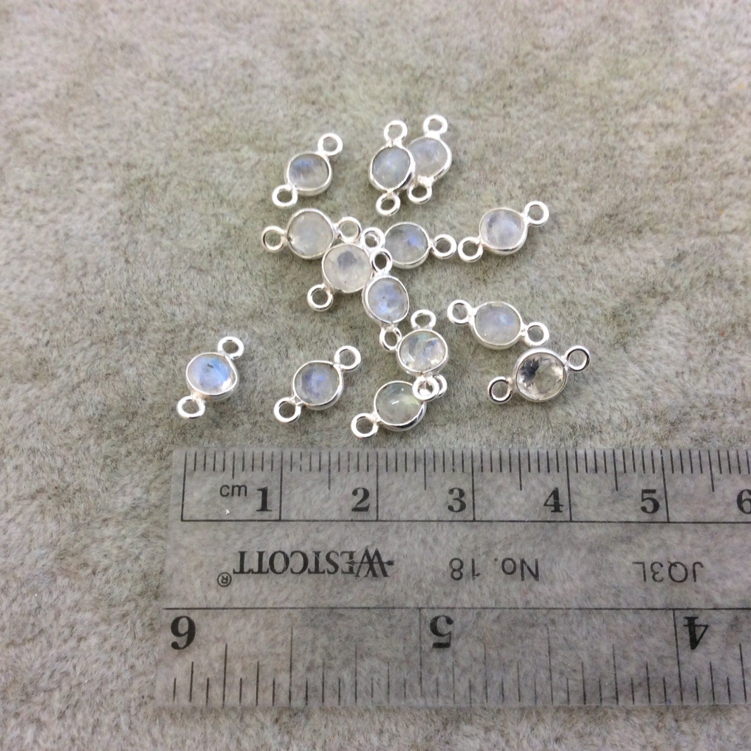 BULK PACK of Six (6) Sterling Silver Pointed/Cut Stone Faceted Round/Coin Shaped Moonstone Bezel Connector Component - Measuring 4-5mm