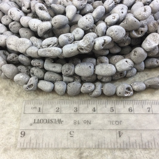 7-9mm Matte Finish Premium Metallic Silver Druzy Agate Freeform Nugget Beads with 1mm Holes - Sold by 15.75" Strands (Approx. 47 Beads)