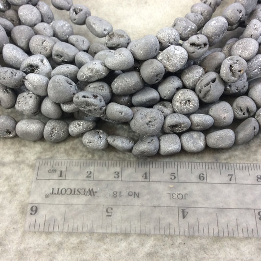 9-11mm Matte Finish Premium Metallic Silver Druzy Agate Freeform Nugget Beads with 1mm Holes - Sold by 15.75" Strands (Approx. 40 Beads)