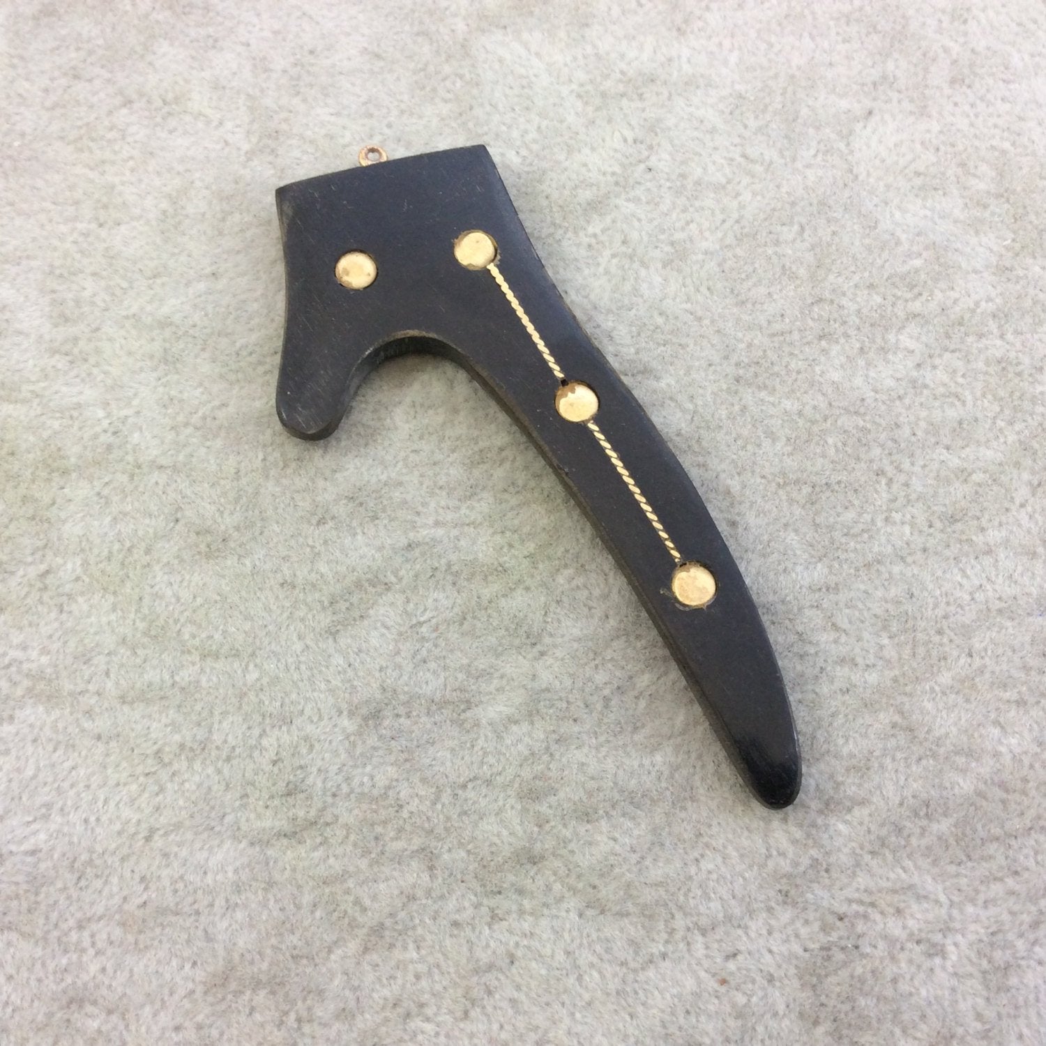 SALE 3" Black Flat Deer/Stag Antler Tusk Shaped Natural Horn Pendant with Gold Dot/Line Inlay - Measuring 42mm x 85mm