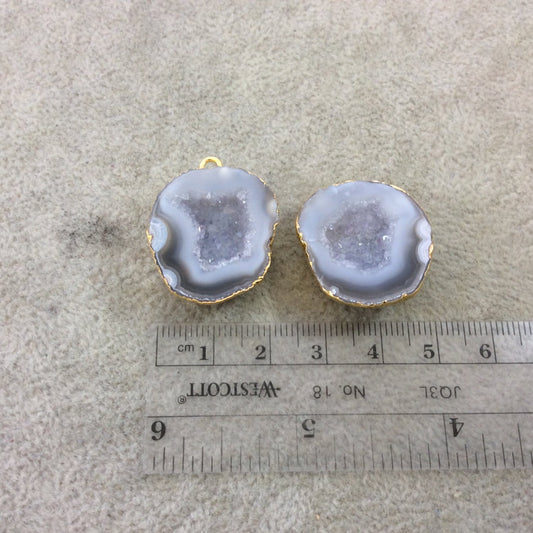Pair of OOAK Gold Electroplated Natural Druzy Agate Geode Half Freeform Shaped Pendants - Measuring 24mm x 26mm - Unique, As Pictured