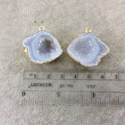 Pair of OOAK Gold Electroplated Natural Druzy Agate Geode Half Freeform Shaped Pendants - Measuring 31mm x 26mm - Unique, As Pictured