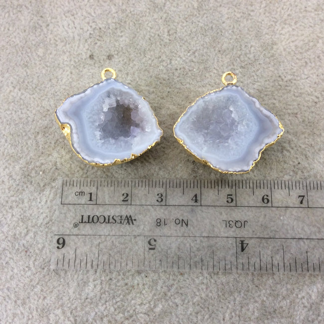 Pair of OOAK Gold Electroplated Natural Druzy Agate Geode Half Freeform Shaped Pendants - Measuring 31mm x 26mm - Unique, As Pictured