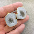 Pair of OOAK Gold Electroplated Natural Druzy Agate Geode Half Freeform Shaped Pendants - Measuring 25mm x 28mm - Unique, As Pictured