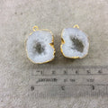 Pair of OOAK Gold Electroplated Natural Druzy Agate Geode Half Freeform Shaped Pendants - Measuring 25mm x 28mm - Unique, As Pictured