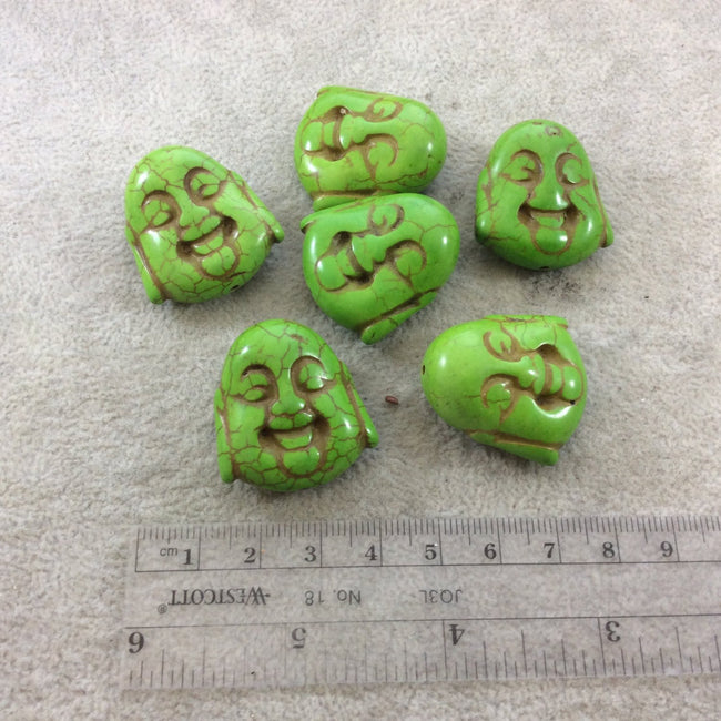 BULK PACK of 6 (Six) Lime Green Dyed Howlite Buddha Head/Face Shaped Beads with 1mm Holes - Measuring 28mm x 30mm, Approximatley