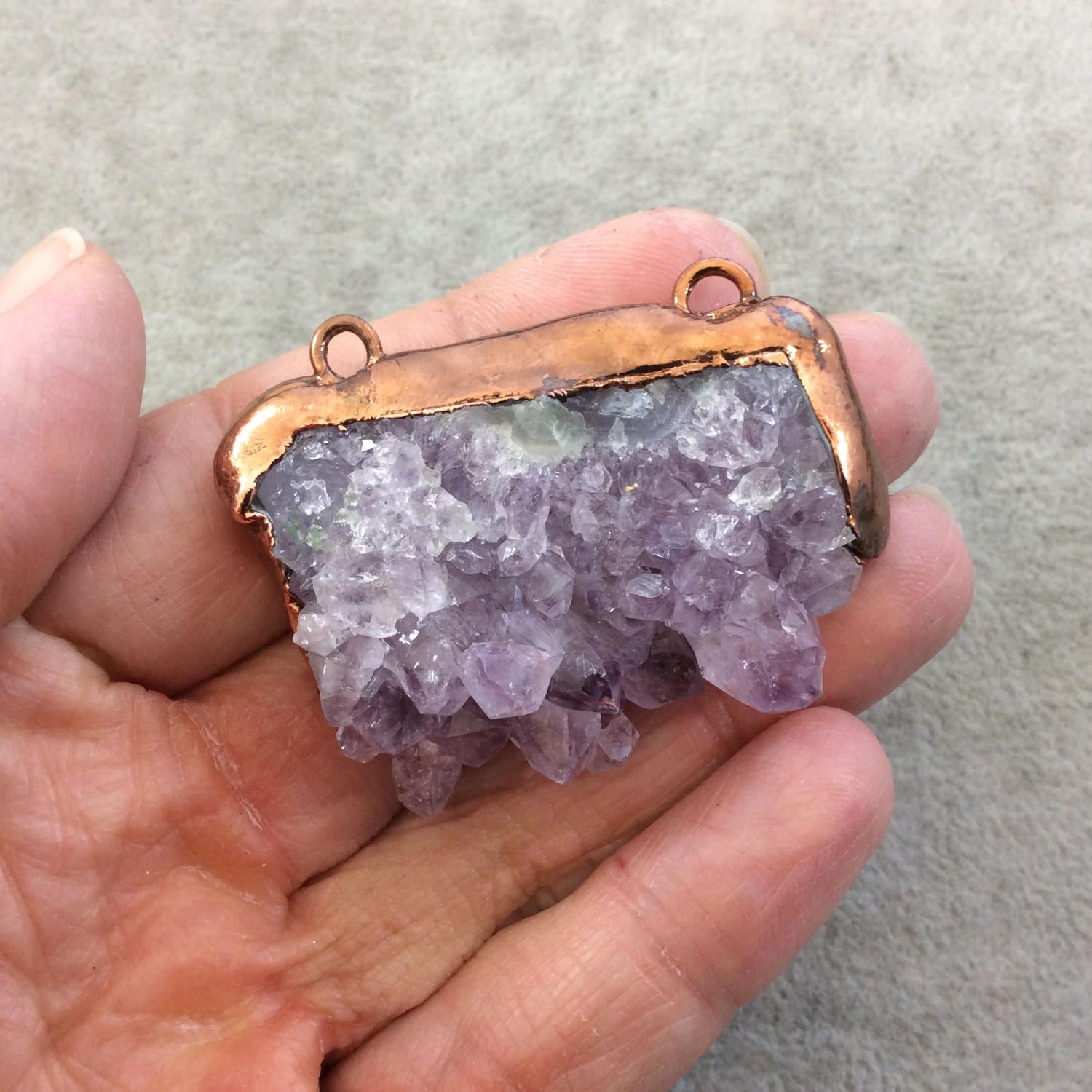 OOAK Large Oxidized Copper Electroplated Natural Druzy Amethyst Slice Freeform Cluster Shaped Pendant - Measuring 50mm x 38mm, Approximately