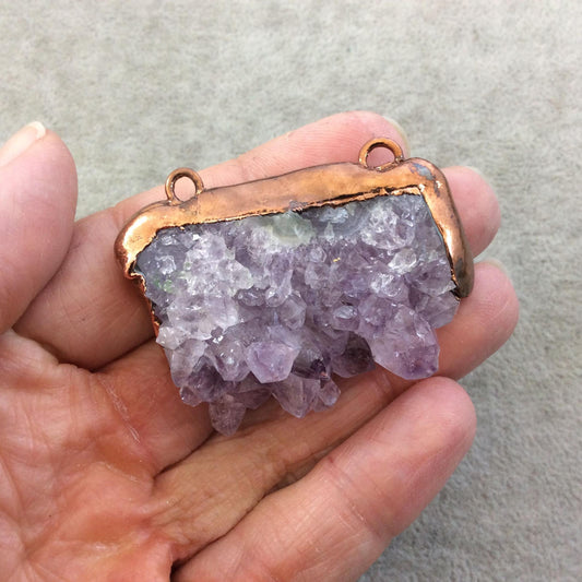 OOAK Large Oxidized Copper Electroplated Natural Druzy Amethyst Slice Freeform Cluster Shaped Pendant - Measuring 50mm x 38mm, Approximately
