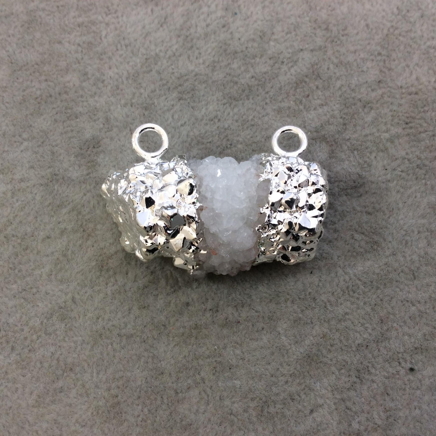 Medium Bright Silver Electroplated Natural Druzy White Spirit/Cactus Quartz Cluster Pendant - Measuring 35-45mm Wide - INDIVIDUAL, RANDOM