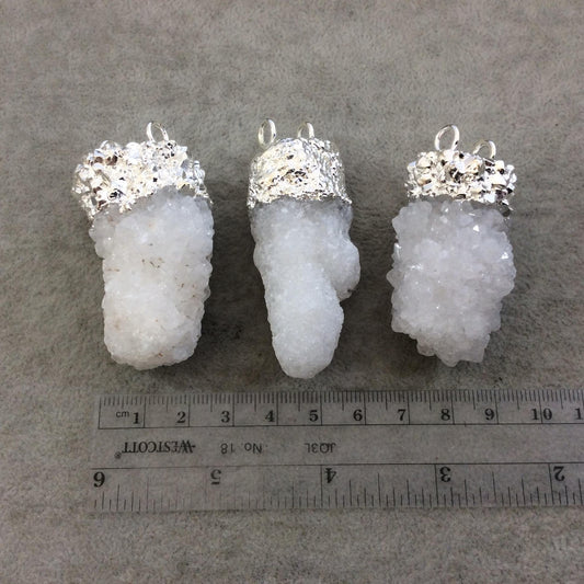 Druzy Pendant - Silver Electroplated White Spirit / Cactus Quartz Freeform Vertical Cluster Focal Pendant