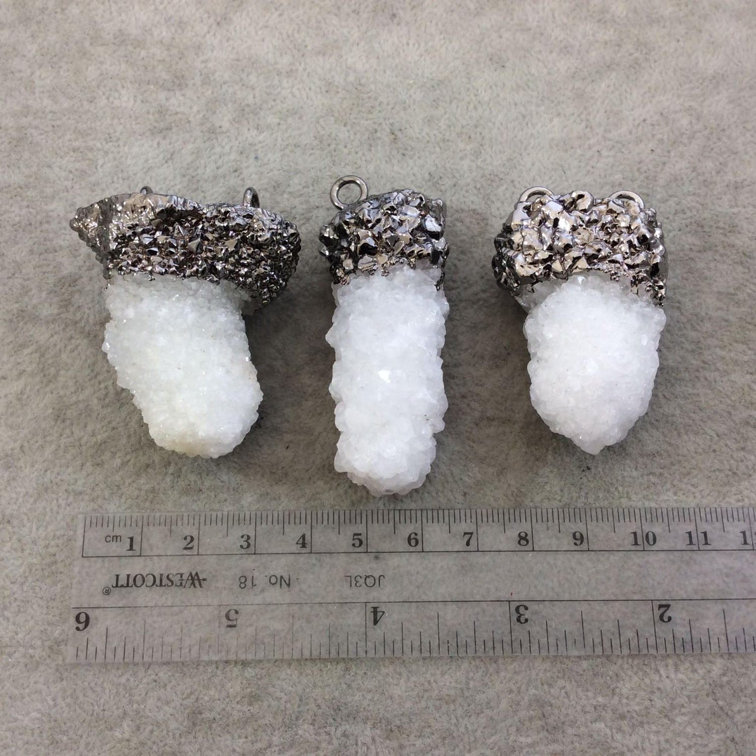 Large Gunmetal Electroplated Natural Druzy White Spirit/Cactus Quartz Vertical Cluster Pendant - Measuring 45-55mm Wide - INDIVIDUAL, RANDOM