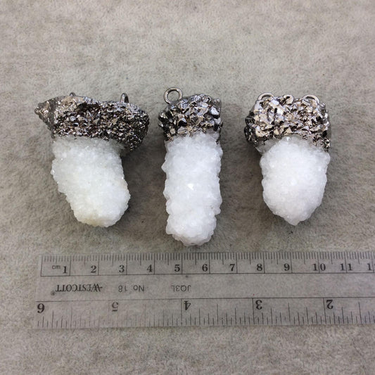 Large Gunmetal Electroplated Natural Druzy White Spirit/Cactus Quartz Vertical Cluster Pendant - Measuring 45-55mm Wide - INDIVIDUAL, RANDOM