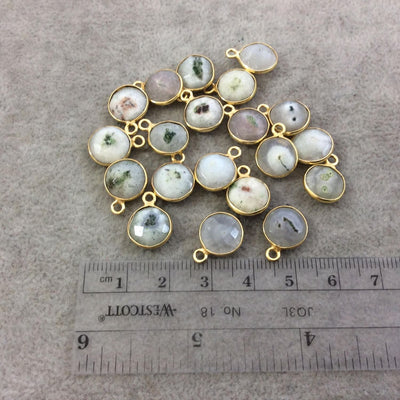 Gold Plated Faceted Natural White/Green Solar Quartz Round/Coin Shaped Bezel Pendant - Measuring 10mm x 10mm - Sold Individually, RANDOM