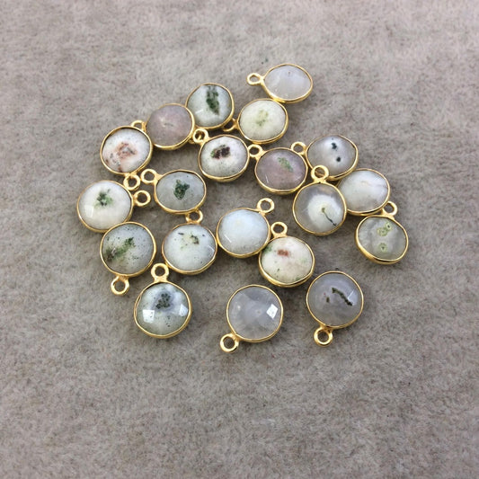 Gold Plated Faceted Natural White/Green Solar Quartz Round/Coin Shaped Bezel Pendant - Measuring 10mm x 10mm - Sold Individually, RANDOM