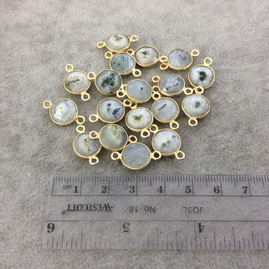 Gold Plated Faceted Natural White/Green Solar Quartz Round/Coin Shaped Bezel Connector - Measuring 10mm x 10mm - Sold Individually, RANDOM