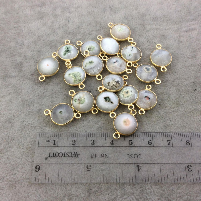 Gold Plated Faceted Natural White/Green Solar Quartz Round/Coin Shaped Bezel Connector - Measuring 12mm x 12mm - Sold Individually, RANDOM