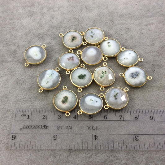 Solar Quartz Bezel | Gold Plated Faceted Natural White Green Solar Quartz Coin Shaped Bezel Connector - Measuring 15mm x 15mm