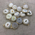 Gold Plated Faceted Natural White/Green Solar Quartz Round/Coin Shaped Bezel Pendant - Measuring 18mm x 18mm - Sold Individually, RANDOM