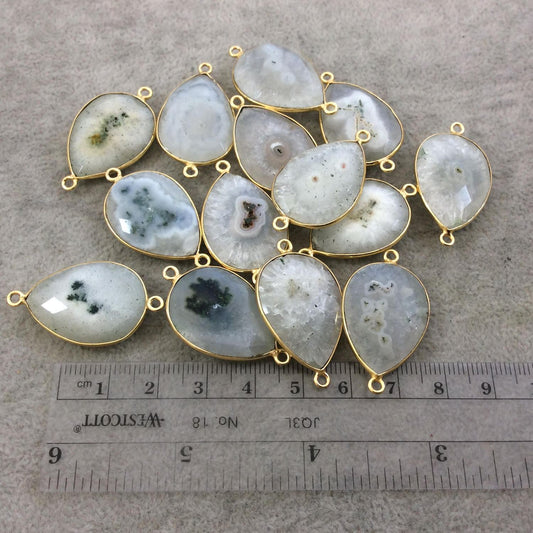 Gold Plated Faceted Natural White/Green Solar Quartz Teardrop Shaped Bezel Connector - Measuring 18mm x 25mm - Sold Individually, RANDOM