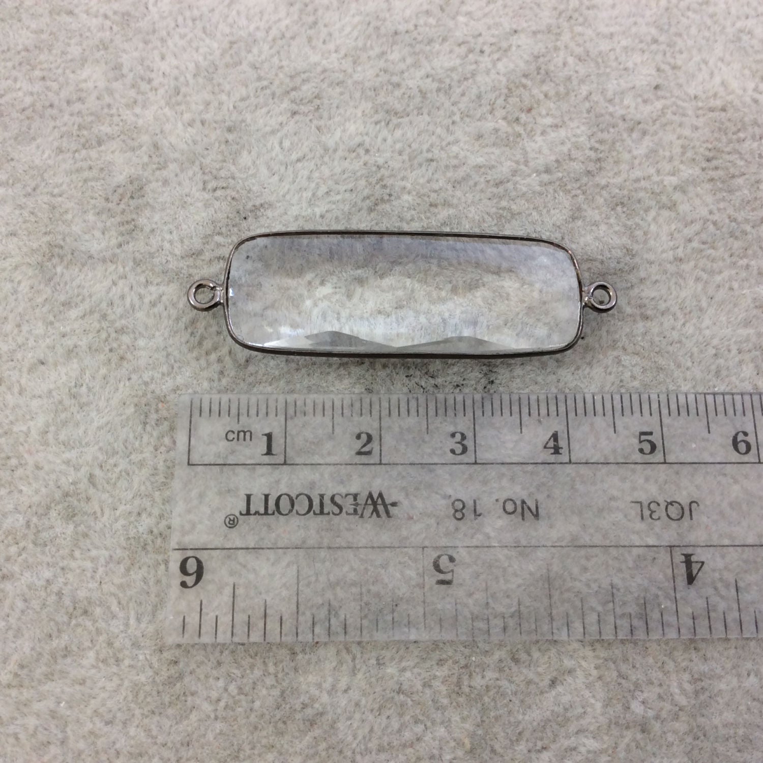 Gunmetal Plated Faceted Clear Hydro (Lab Created) Quartz Rectangle/Bar Shaped Bezel Connector - Measuring 13mm x 38mm - Sold Individually