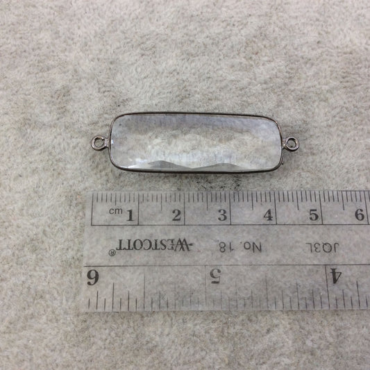 Gunmetal Plated Faceted Clear Hydro (Lab Created) Quartz Rectangle/Bar Shaped Bezel Connector - Measuring 13mm x 38mm - Sold Individually